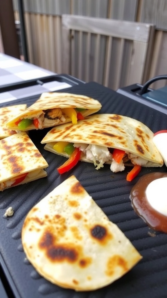 Grilled Chicken Quesadilla on the Blackstone Grilled chicken quesadilla on a Blackstone griddle, cut into wedges, served with sour cream and salsa.